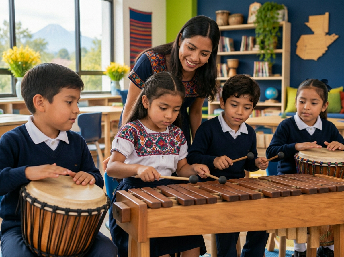 Estudiantes explorando instrumentos musicales